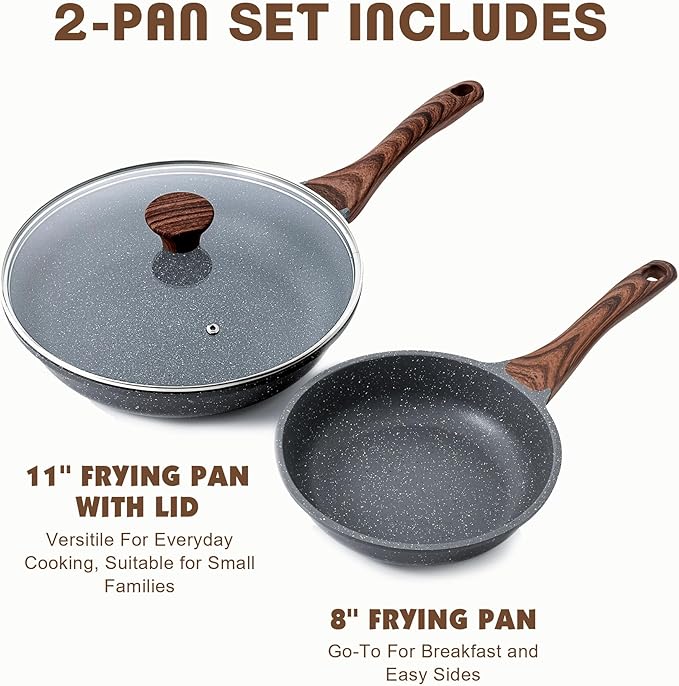 SENSARTE Nonstick Frying Pan Skillets, Swiss Granite Coating Omelette Pans, Healthy Cookware Chef's Pan, Free of Intentionally Added PFOA (8+11Inch with Lid) - Image 3
