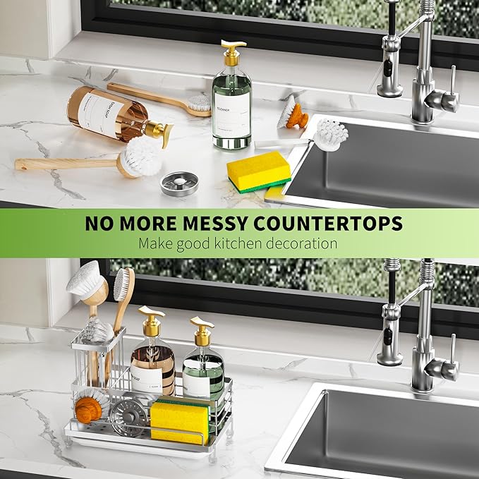 Cisily Stainless Steel Kitchen Sink Caddy Organizer, Sponge Holder for Sink Rustproof, Non-Slip Soap Dish Dispenser Brush Holder Storage, Home & Kitchen Essentials Accessories - Image 6