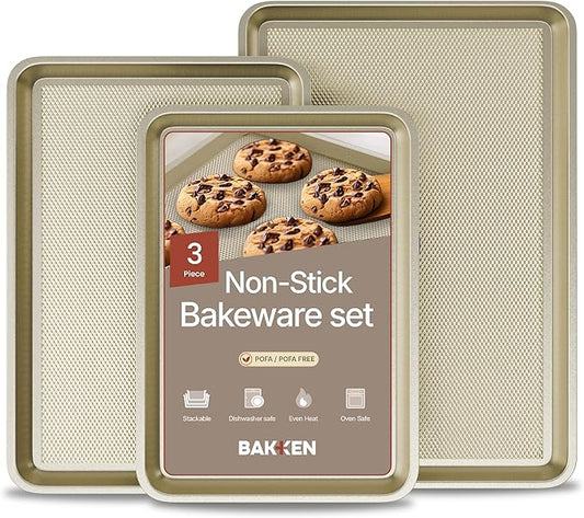 Diamond Bottom Cookie Sheet Set of 3, Nonstick Gold Carbon Steel Baking Pans for Crisp Baking, Space-Saving Stackable Trays, PFOA, PFOS, PTFE Free, Oven Safe Up to 450°F, Small, Medium & Large Sheets by Unknown
