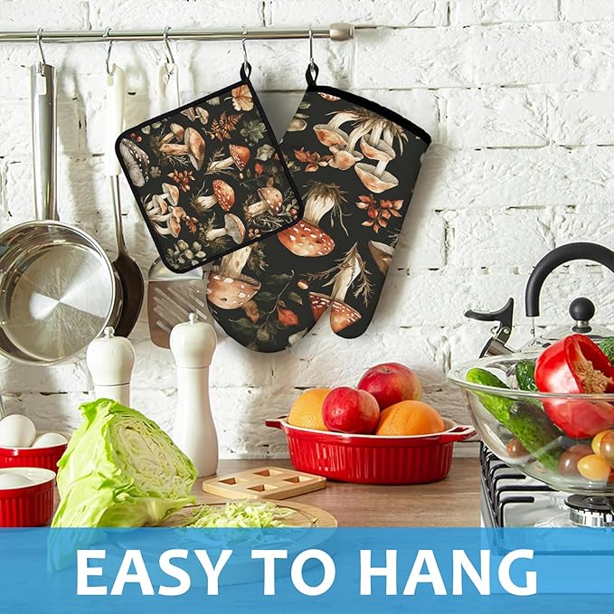Watercolor Forest Mushroom Oven Mitts and Pot Holders Sets Heat Resistant 4Pcs Potholders Oven Gloves Hot Pads for Kitchen Baking Cooking Grilling BBQ