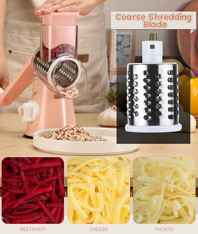 Ourokhome Rotary Cheese Grater Hand Crank, Kitchen Shredder Speed Mandolin Slicer Nuts Grinder with Handle and Drum Blades for Cheese, Vegetable, Walnuts, Chocolate, Potato, Carrot, 3 Blades, Pink - Image 4