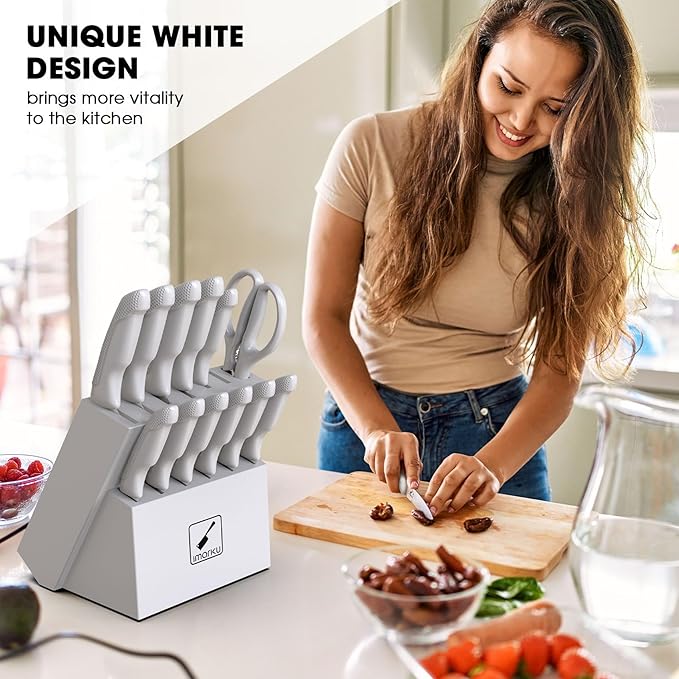 imarku® 14-Piece Kitchen Knife Set with Block and Sharpener, Professional Stainless Steel with Non-Slip Ergonomic Handle, Dishwasher Safe, Home Essential, Gray-White - Image 2