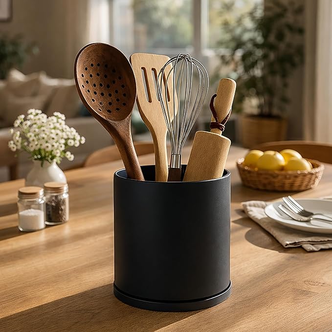 D'vine Dev 360° Rotating Utensil Holder – 7.2" Kitchen Utensil Crock for Countertop, Modern Cooking Tool Organizer for Kitchen Storage & Décor, Black, 72-X-B-2