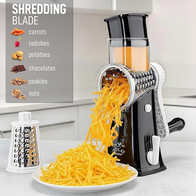 Zulay Kitchen Rotary Cheese Grater 5 Blade Cheese Shredder - Manual Hand Crank Cheese Grater With Reinforced Suction & 5 Interchangeable Drums - Easy to Use, Vegetable Chopper Round Mandoline Slicer - Image 3