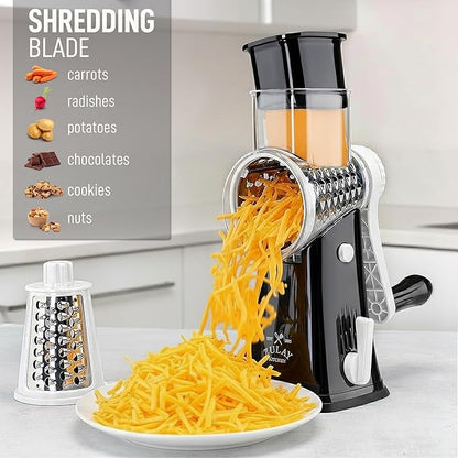 Zulay Kitchen Rotary Cheese Grater 5 Blade Cheese Shredder - Manual Hand Crank Cheese Grater With Reinforced Suction & 5 Interchangeable Drums - Easy to Use, Vegetable Chopper Round Mandoline Slicer - Image 3