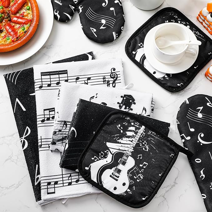 Leinuosen 8 Pcs Music Note Kitchen Decor Accessories Set Farmhouse Towels Oven Mitts Pot Holders Dishcloths Set Kitchen Decorative Absorbent Potholders for Chef Baking Cooking - Image 7