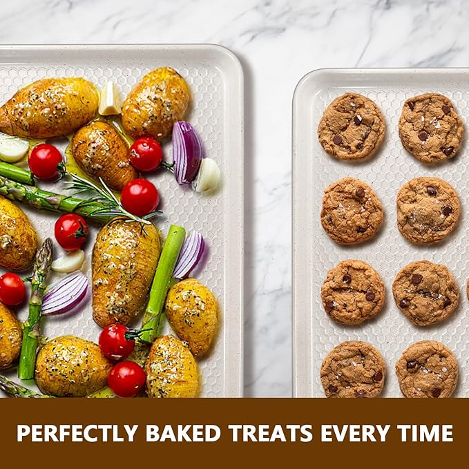 Wildone 2 Pack Half Sheet Baking Pans, Honeycomb Embossed Nonstick Baking Sheet 17.5x12 In, Thicker Carbon Steel Cookie Sheet, Even Heating & Warp Resistant, White - Image 6