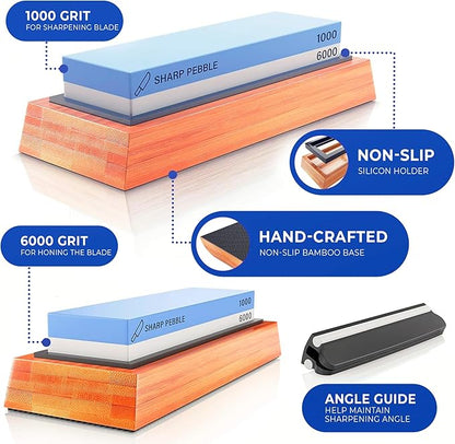Sharp Pebble Premium Whetstone Knife Sharpening System – 1000/6000 Grit Whetstone Knife Sharpener & Honing Kit with Angle Guide & Non-Slip Bamboo Base – Guided Beginner Instructions - Image 2