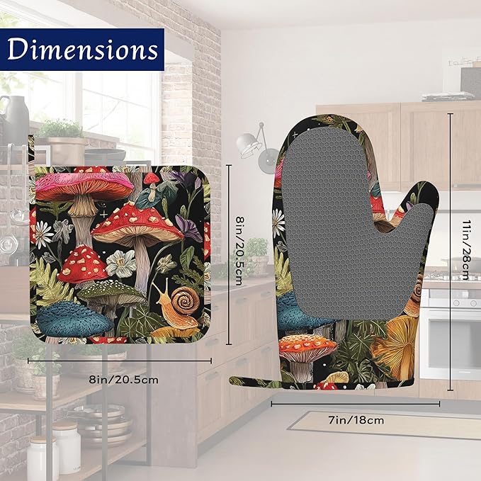 Mushroom Forest Oven Mitts and Pot Holders Cute Snail Wildflowers Silicone Kitchen Accessories Set of 4 Heat Resistant Non-Slip Long Gloves Potholder for Chef Cooking Baking Gifts Women Men