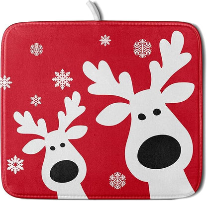 Xmas Dish Drying Mat for Kitchen Counter Cute Reindeer Holiday Snowflake Microfiber Absorbent Dish Draining Reusable Washable Foldable 16"x18" by Unknown
