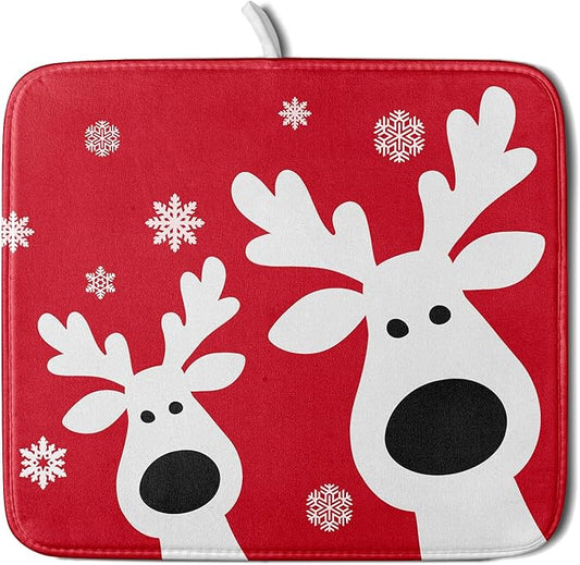 Xmas Dish Drying Mat for Kitchen Counter Cute Reindeer Holiday Snowflake Microfiber Absorbent Dish Draining Reusable Washable Foldable 16"x18" by Unknown