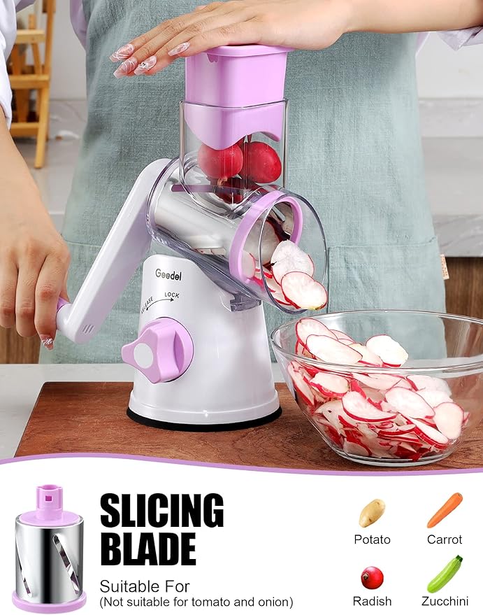 Geedel Rotary Cheese Grater, Kitchen Mandoline Vegetable Slicer with 3 Interchangeable Blades, Easy to Clean Rotary Grater Slicer for Fruit, Vegetables, Nuts - Image 3