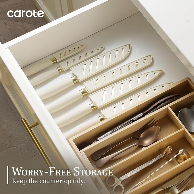 CAROTE 12PCS Kitchen Knife Set, Healthy Gold Titanium Coating Knife Set, Dishwasher Safe with 6 Blade Guards, Rustproof Stainless Steel Cutlery Set, White and Gold - Image 6
