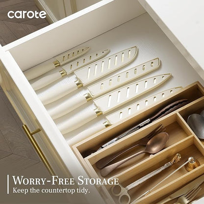 CAROTE 12PCS Kitchen Knife Set, Healthy Gold Titanium Coating Knife Set, Dishwasher Safe with 6 Blade Guards, Rustproof Stainless Steel Cutlery Set, White and Gold - Image 6