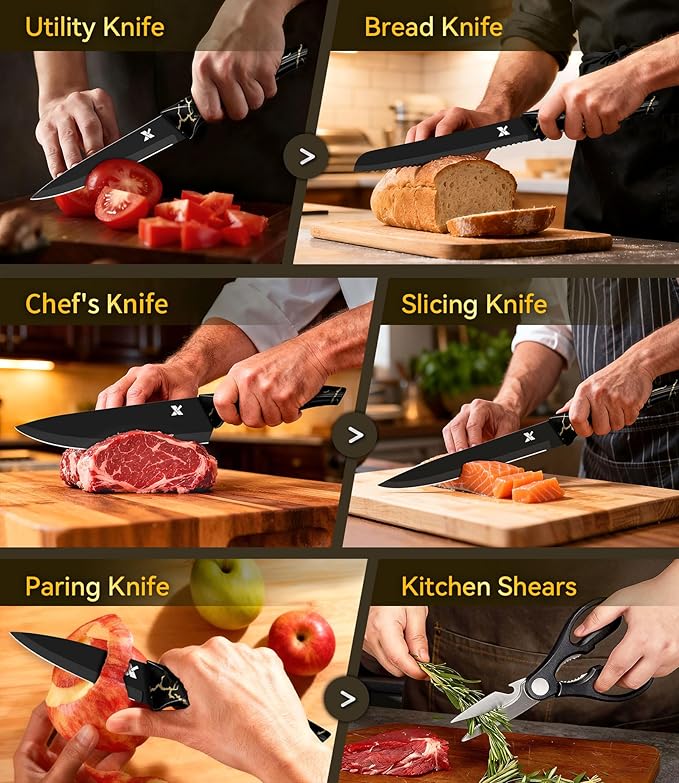 Knife Set, 8 Pieces Kitchen Knife Block Sets, High Carbon German Stainless Steel, Dishwasher Safe Cutlery with Sharpener, Black - Image 4
