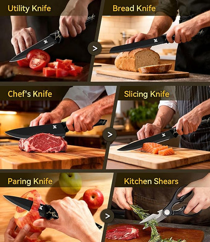 Knife Set, 8 Pieces Kitchen Knife Block Sets, High Carbon German Stainless Steel, Dishwasher Safe Cutlery with Sharpener, Black - Image 4