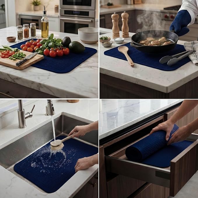 MicoYang Silicone Dish Drying Mat for Multiple Usage,Easy clean,Eco-friendly,Heat-resistant Silicone Mat for Kitchen Counter or Sink,Refrigerator or Drawer Liner Navy Blue 2XL 24 inches x 18 inches - Image 3