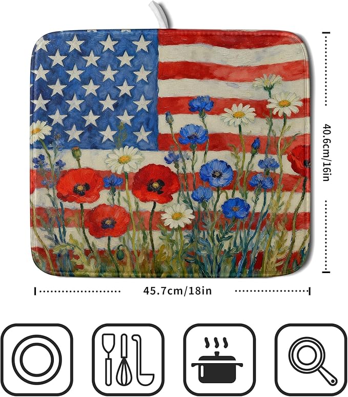 Patriotic American Flag Dish Drying Mat for Kitchen Counter 16x18 4th of July Red Blue White Floral Rustic Absorbent Reversible Microfiber Drying Mats Kitchen Countertop Protector Dishes Drainer Pad - Image 2