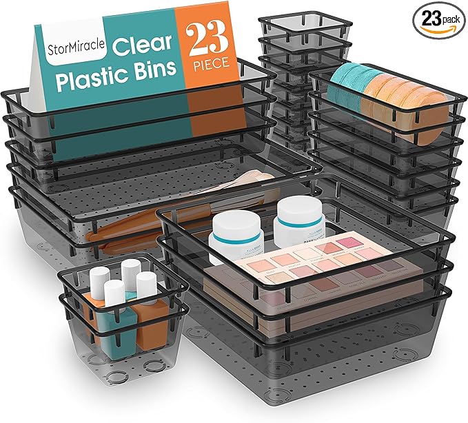 StorMiracle 23 PCS Drawer Organizer Set, 5 Varied Size Bathroom and kitchen Drawer cabinet organizer Trays, Clear Storage Bins for Makeup, Jewelry, Utensils and Gadgets, Black by StorMiracle