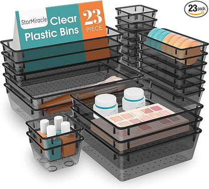 StorMiracle 23 PCS Drawer Organizer Set, 5 Varied Size Bathroom and kitchen Drawer cabinet organizer Trays, Clear Storage Bins for Makeup, Jewelry, Utensils and Gadgets, Black by StorMiracle