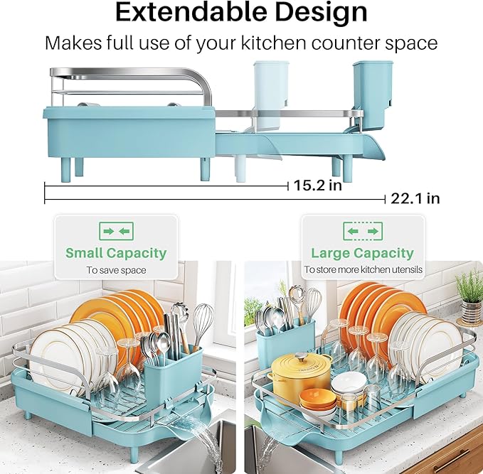 SNTD Dish Drying Rack, Expandable Dish Rack for Kitchen Counter, Stainless Steel Dish Drainer with Drainboard Set and Utensil Holder (Blue) - Image 3