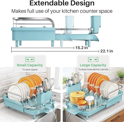 SNTD Dish Drying Rack, Expandable Dish Rack for Kitchen Counter, Stainless Steel Dish Drainer with Drainboard Set and Utensil Holder (Blue) - Image 3