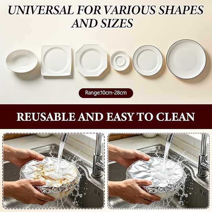 Reusable Aluminum Foil Food Cover, Heat-Insulating, Freshness-Preserving, Flexible Kitchen Lids for Meal Prep Baking Leftovers and Food Storage (50)