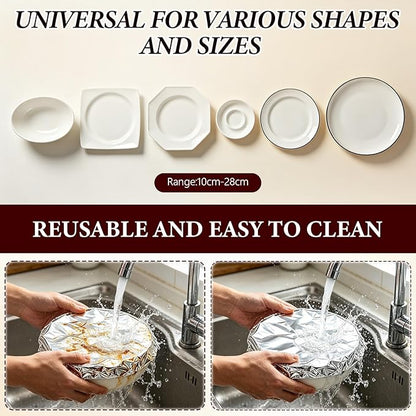 Reusable Aluminum Foil Food Cover, Heat-Insulating, Freshness-Preserving, Flexible Kitchen Lids for Meal Prep Baking Leftovers and Food Storage (100)