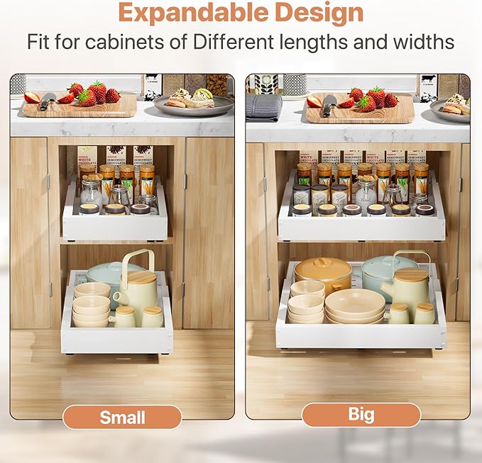 2 Pack Pull out Cabinet Organizer, Width (12"-19") Depth (17"-23"), with 3 Rails Adjustable Slide, Expandable Pullout Drawers for Cabinets, No Drill Adhesive Kitchen Drawers for Pantry Shelves - Image 8