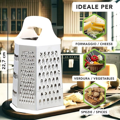 IPEA Stainless Steel 6-Sided Cheese Grater – 23 cm – Vertical Grater Six Blades with Ergonomic Handle for Grating Cheese, Vegetables, Lemon, Fruits Chocolate – Hexagonal Multi-Purpose - Image 5