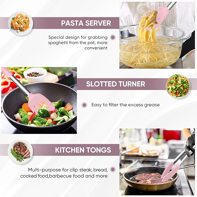 TeamFar Kitchen Utensils Set of 8, Silicone Utensils Kitchen Tools Set with Stainless Steel Handle, for Frying Serving Flipping Draining, Non-toxic & Heatproof, Nonstick & Dishwasher Safe - Pink - Image 4