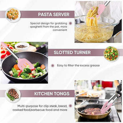 TeamFar Kitchen Utensils Set of 8, Silicone Utensils Kitchen Tools Set with Stainless Steel Handle, for Frying Serving Flipping Draining, Non-toxic & Heatproof, Nonstick & Dishwasher Safe - Pink - Image 4