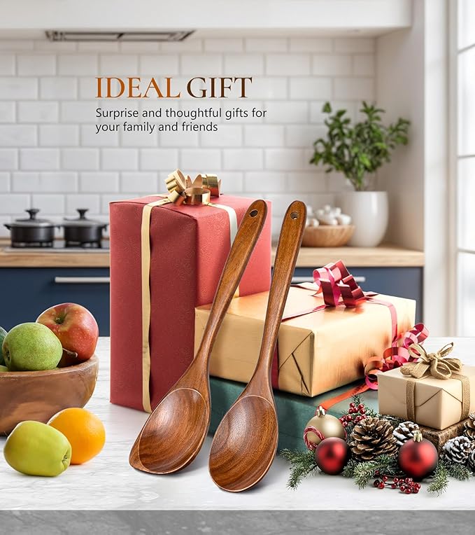 2Pcs Wooden Spoons for Cooking, Natural Premium Teak Wood Spoon & Corner Spoon, Good Grip Large Cooking Spoons Spatula, Heat Resistant Wooden Kitchen Cooking Utensils Set for Nonstick Cookware - Image 7