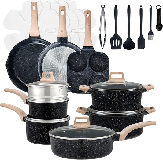 NEWBULIG 25-Piece Nonstick Cookware Set, Granite Pots and Pans with Lids, Induction Compatible Nonstick Cooking Set with Frying Pans & Saucepans, Black