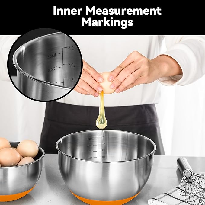 KITEISCAT Stainless Steel Mixing Bowls with Lids – Set of 5 Large Nesting Metal Bowls for Kitchen, Baking, Cooking, Food Prep & Storage, Non-Slip Base, Dishwasher Safe,Orange - Image 5