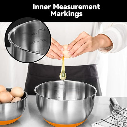 KITEISCAT Stainless Steel Mixing Bowls with Lids – Set of 5 Large Nesting Metal Bowls for Kitchen, Baking, Cooking, Food Prep & Storage, Non-Slip Base, Dishwasher Safe,Orange - Image 5