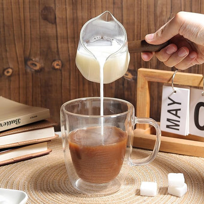 Joeyan 6 oz Glass Measuring Cup with Double Spouts,Borosilicate Espresso Shot Glasses with Wooden Handle,Claer Measuring Triple Milk Frothing Pitcher for Coffee Tea - Image 6