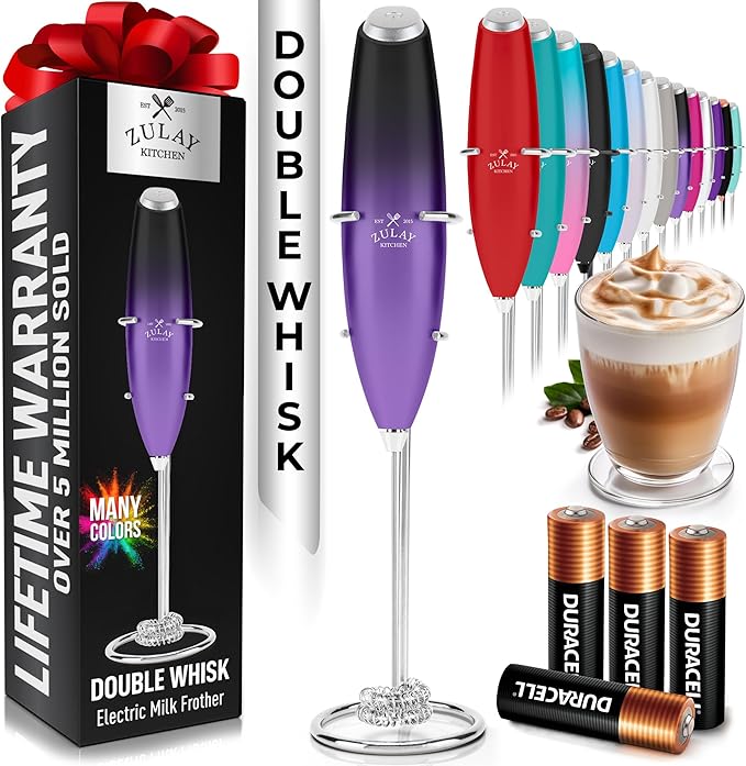 Zulay Kitchen Whisk Milk Frother with 4 Duracell Batteries - Powerful Handheld Foam Maker for Coffee, Lattes, Matcha, Hot Chocolate & Cappuccinos - Whip Creamy Froth in Seconds by ZulayKitchen