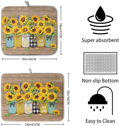 Sunflower Dish Drying Mat for Kitchen 16x18 Inch Counter Rustic Vintage Floral Vases Wood Grain Drying Mats Microfiber Absorbent Dishes Drying Pad Spring Summer Flowers Dish Drainer Rack Mat - Image 2