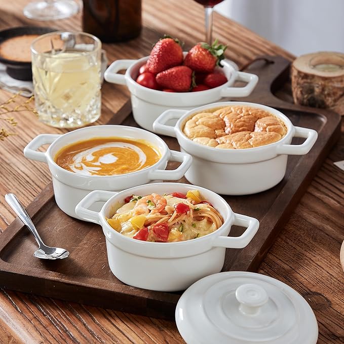 Lareina Mini Cocotte - 12oz Ceramic Casserole Dishes - Kitchen Casserole Sets With Handles And Lid - Small Baking Ramekins - Oven, Microwave & Dishwasher Safe - Set of 4 - White - Image 8