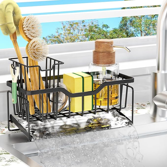 StorageRight Kitchen Sink Caddy Organizer, Rustproof Sponge Holder for Kitchen Sink, Instant Dry High Brush Holders with Drain Tray, Anti-Slip Storage Organization Essentials, Black by StorageRight