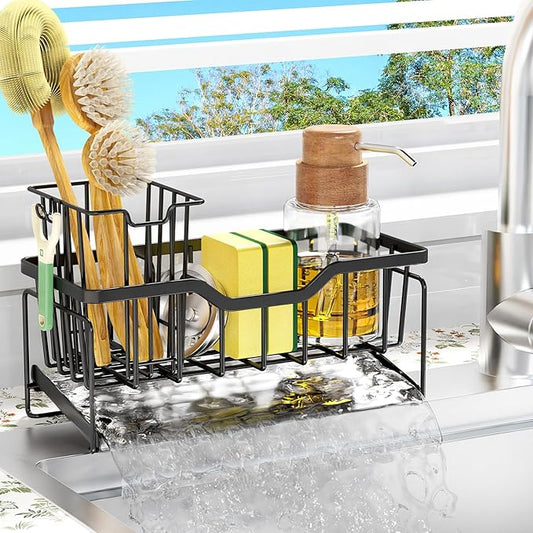 StorageRight Kitchen Sink Caddy Organizer, Rustproof Sponge Holder for Kitchen Sink, Instant Dry High Brush Holders with Drain Tray, Anti-Slip Storage Organization Essentials, Black by StorageRight