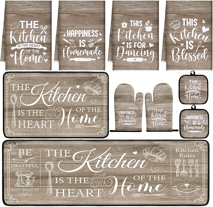 Fourluoo 10 Pcs Farmhouse Kitchen Decor and Accessories Set 4 Kitchen Towels 2 Pot Holders 2 Oven Mitts 2 Rugs for Cooking Baking Mom Housewarming Gifts(Brown,Classic Style) by Fourluoo
