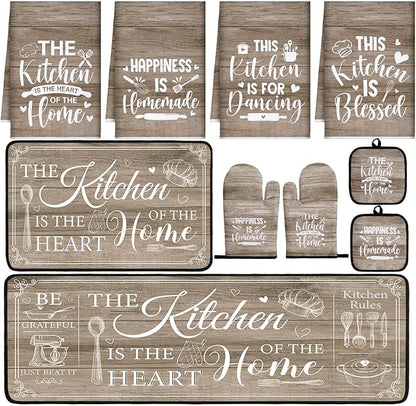 Fourluoo 10 Pcs Farmhouse Kitchen Decor and Accessories Set 4 Kitchen Towels 2 Pot Holders 2 Oven Mitts 2 Rugs for Cooking Baking Mom Housewarming Gifts(Brown,Classic Style) by Fourluoo