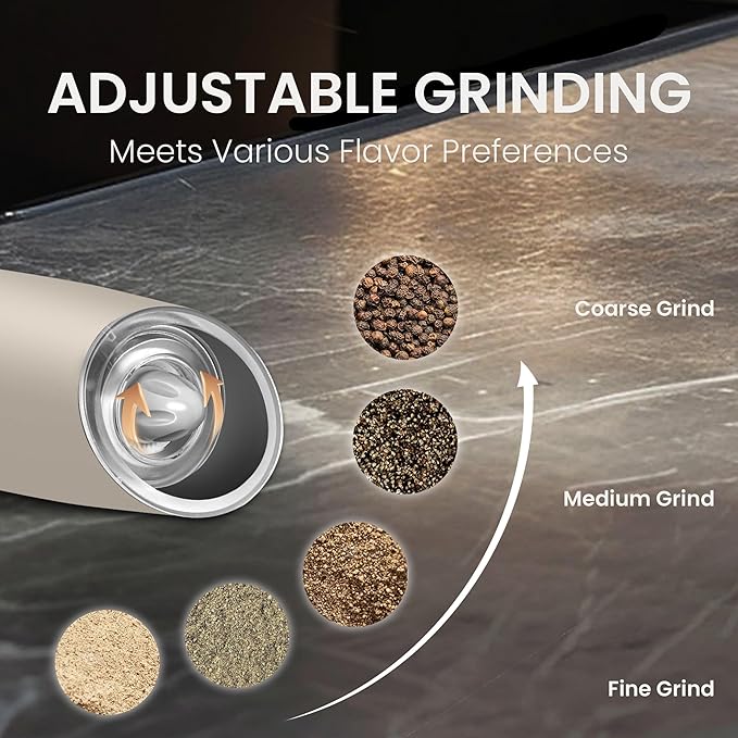 Battery Operated Salt And Pepper Grinder Set with LED Light, Automatic Electric Gravity Salt And Pepper Shakers Set, Each 6 AAA Batteries Needed, Adjustable Roughness, 2 Pack (Khaki) - Image 3