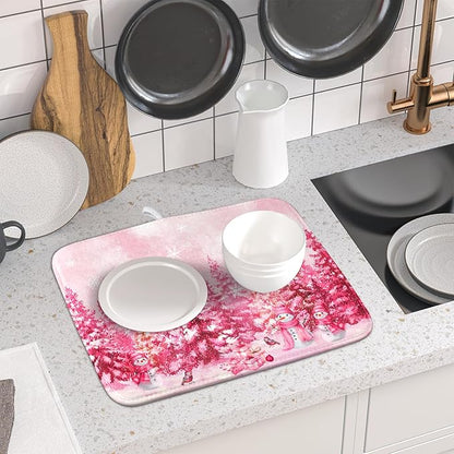 Pink Winter Dish Drying Mat Forest Washable Drying Matt Kitchen Counter Absorbent Coffee Mat for Women - Image 6