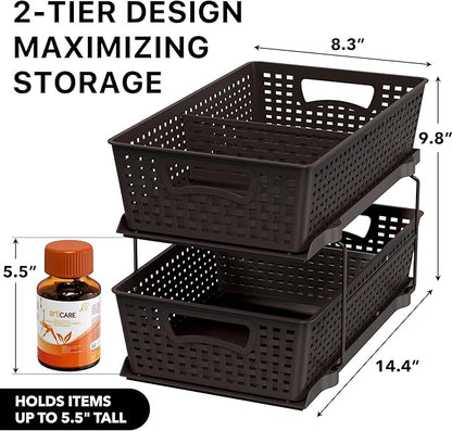 Simple Houseware 2 Tier Bathroom Organizer Tray Pull-Out Sliding Drawer, Under Sink Storage, Brown - Image 2