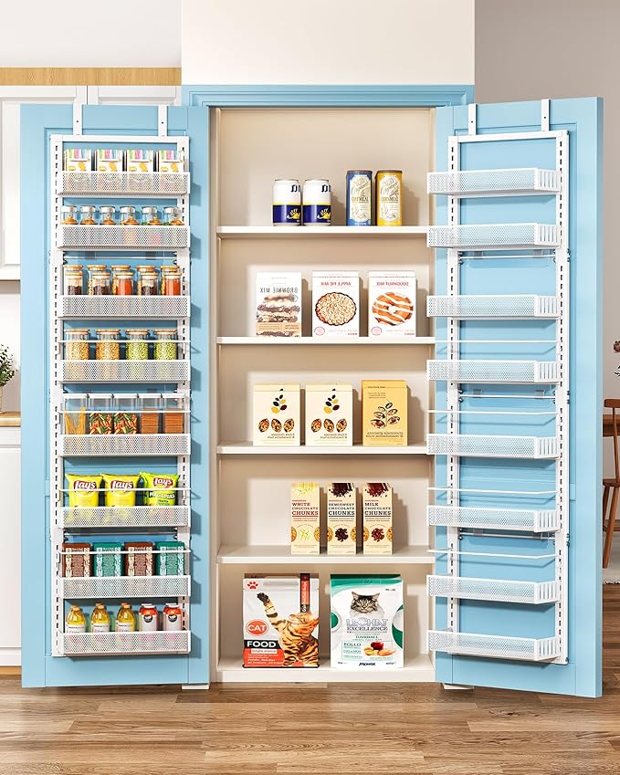 8 Tiers Over the Door Organizer - Height Adjustable Pantry Organizers and Storage with Dense Mesh Baskets, Anti-Swing Hanging Door Spice Rack for Kitchen Bathroom (White, 12.3"W x 4.7"D x 69"H) by SNTD