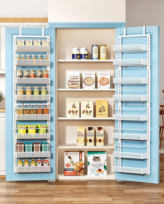 8 Tiers Over the Door Organizer - Height Adjustable Pantry Organizers and Storage with Dense Mesh Baskets, Anti-Swing Hanging Door Spice Rack for Kitchen Bathroom (White, 12.3"W x 4.7"D x 69"H) by SNTD