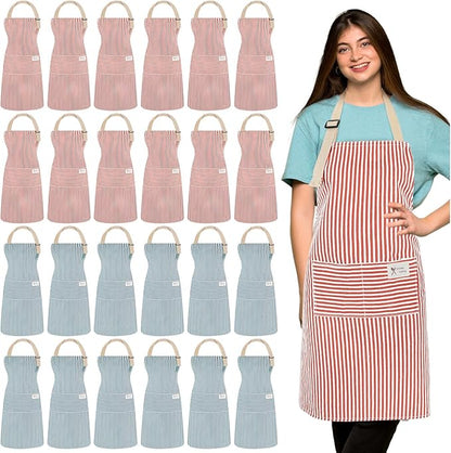 Janmercy 24 Pcs Aprons for Women Men with 2 Pockets Linen Cooking Kitchen Apron Adjustable Bib Chef Apron Bulk Aprons Unisex